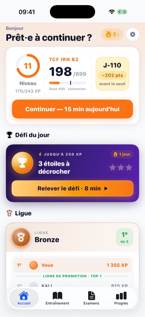 Écran d'accueil de l'app : plan du jour, défi quotidien et score TCF IRN