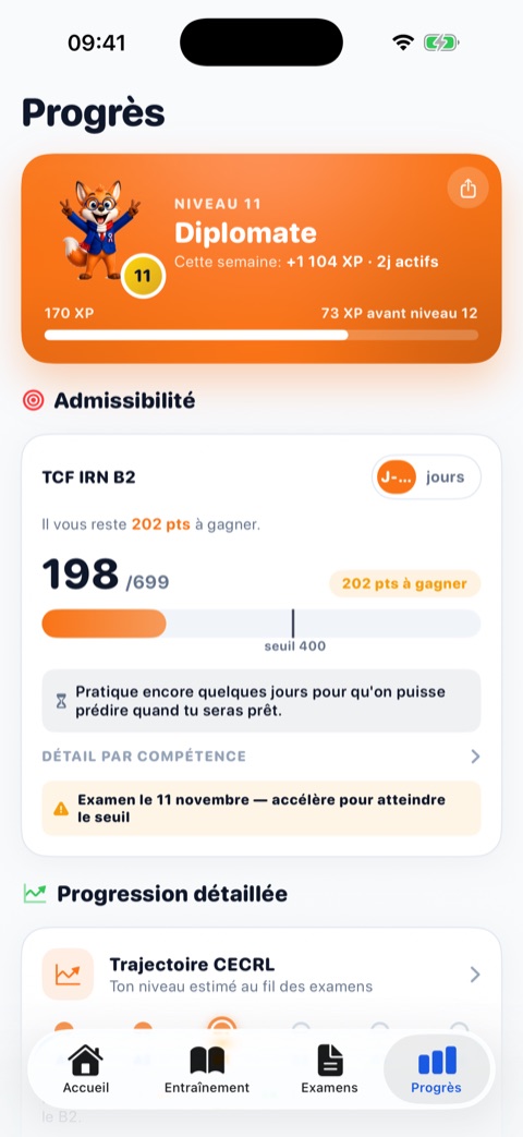 Score de préparation TCF IRN B2 et trajectoire CECRL dans l'app